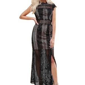 True Decadence Black Y2K Gothic Crochet Maxi Dress - Size 12